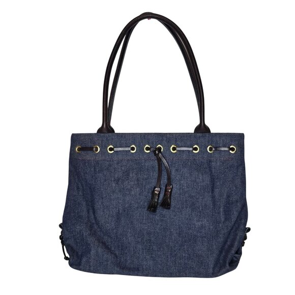 Vintage Dooney & Bourke Denim Tote Leather Trim Double Handles Eyelet - Picture 10 of 16